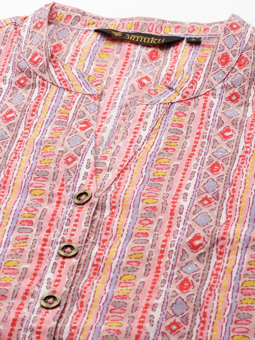 Pink Mandarin Collar Ethnic Motifs Cotton Tunic