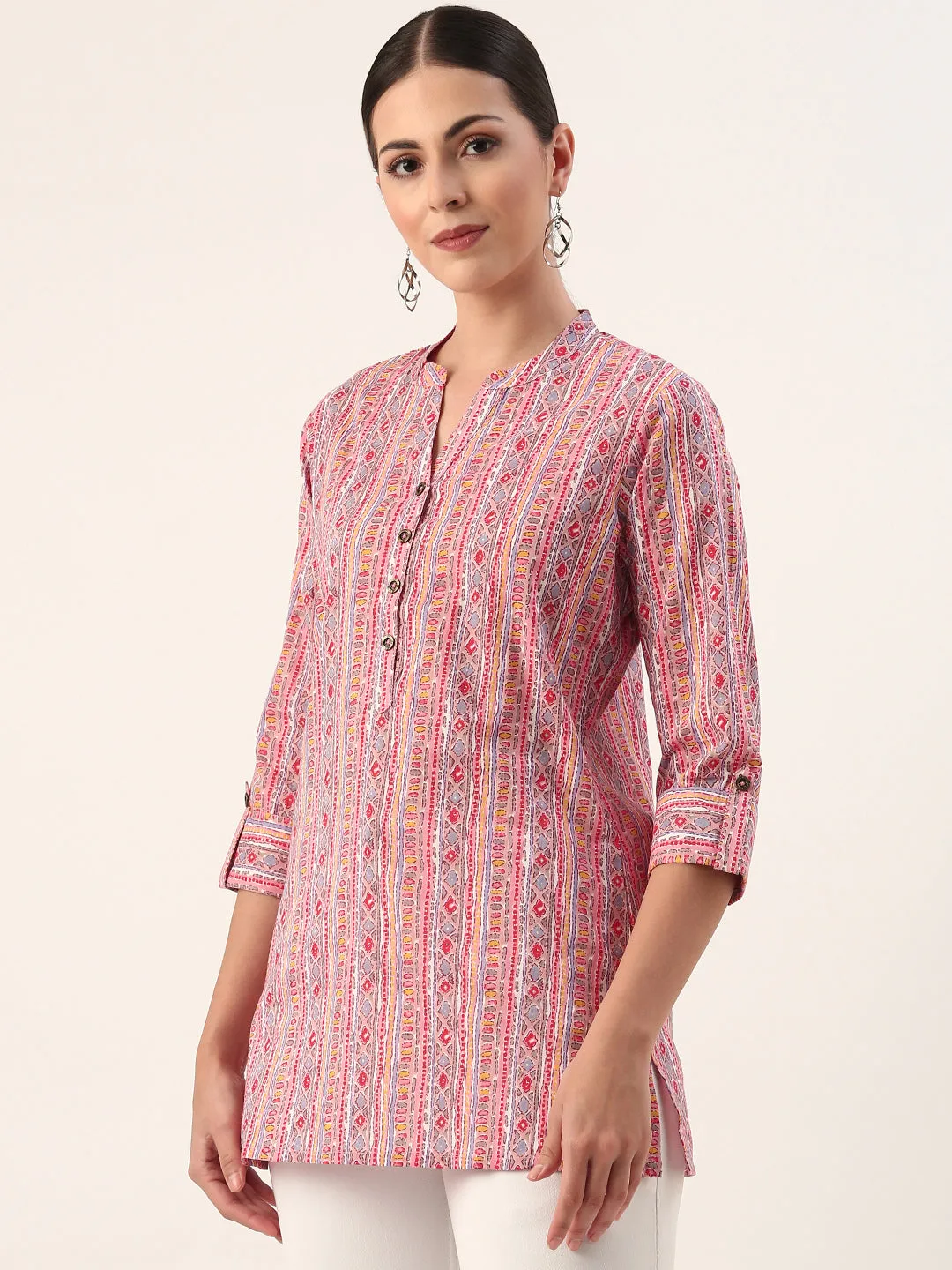 Pink Mandarin Collar Ethnic Motifs Cotton Tunic