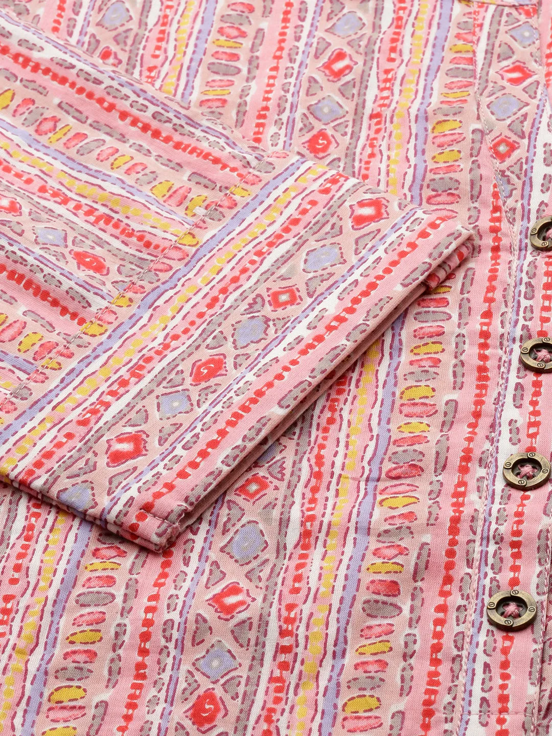Pink Mandarin Collar Ethnic Motifs Cotton Tunic