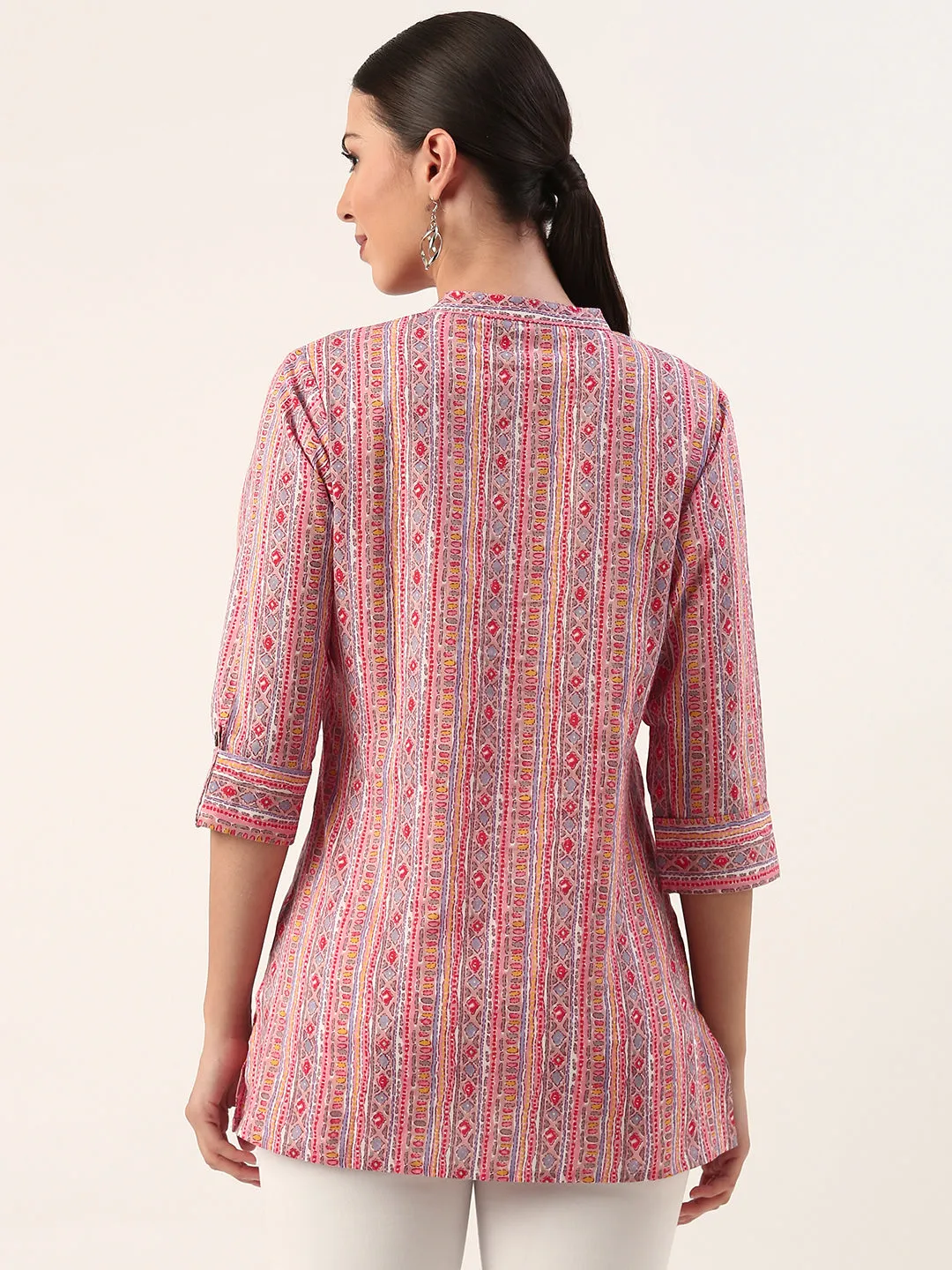 Pink Mandarin Collar Ethnic Motifs Cotton Tunic