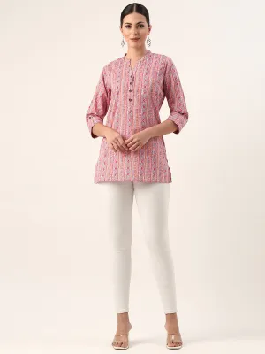 Pink Mandarin Collar Ethnic Motifs Cotton Tunic