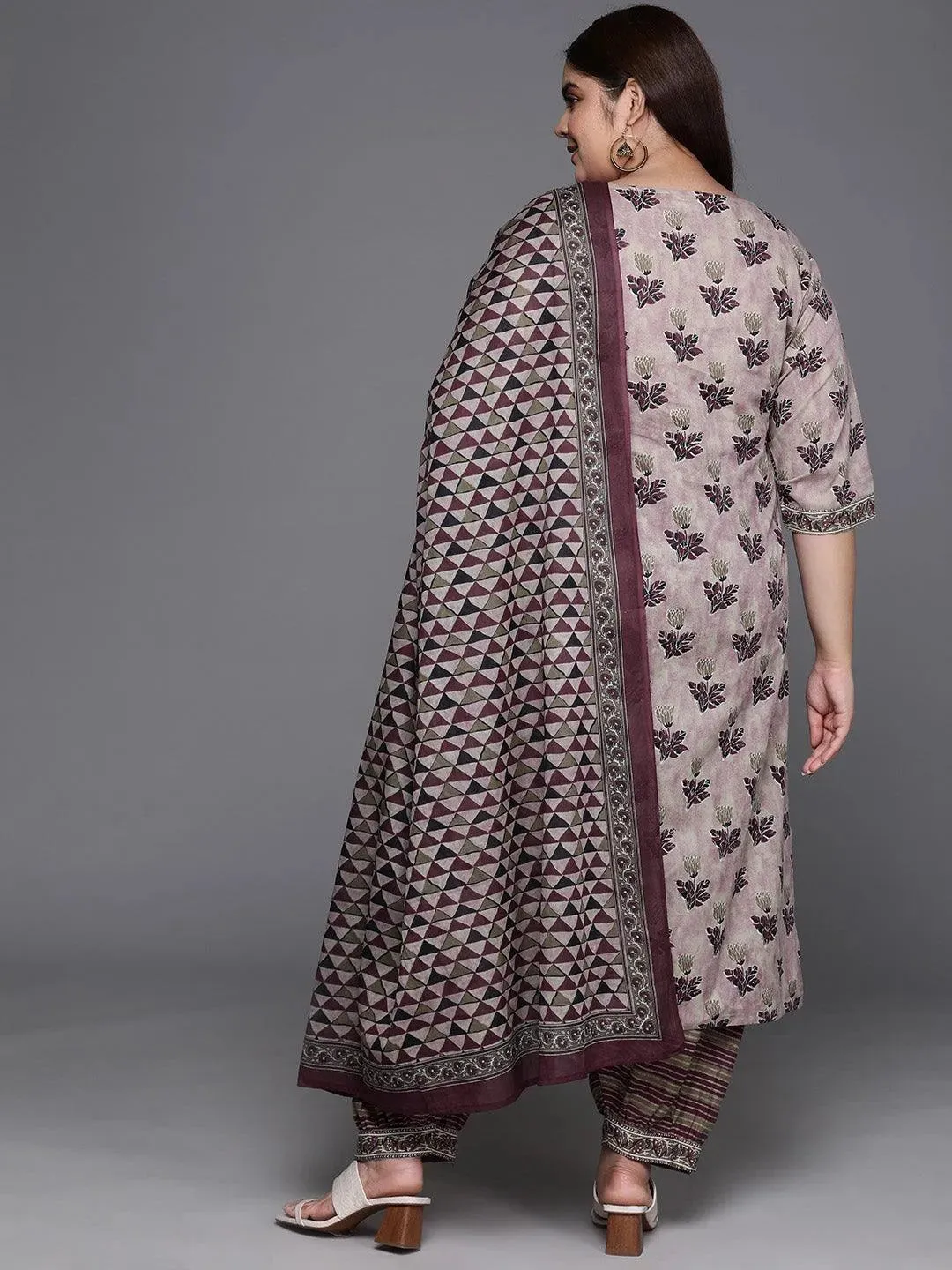 Plus Size Pink Printed Cotton Straight Suit With Dupatta
