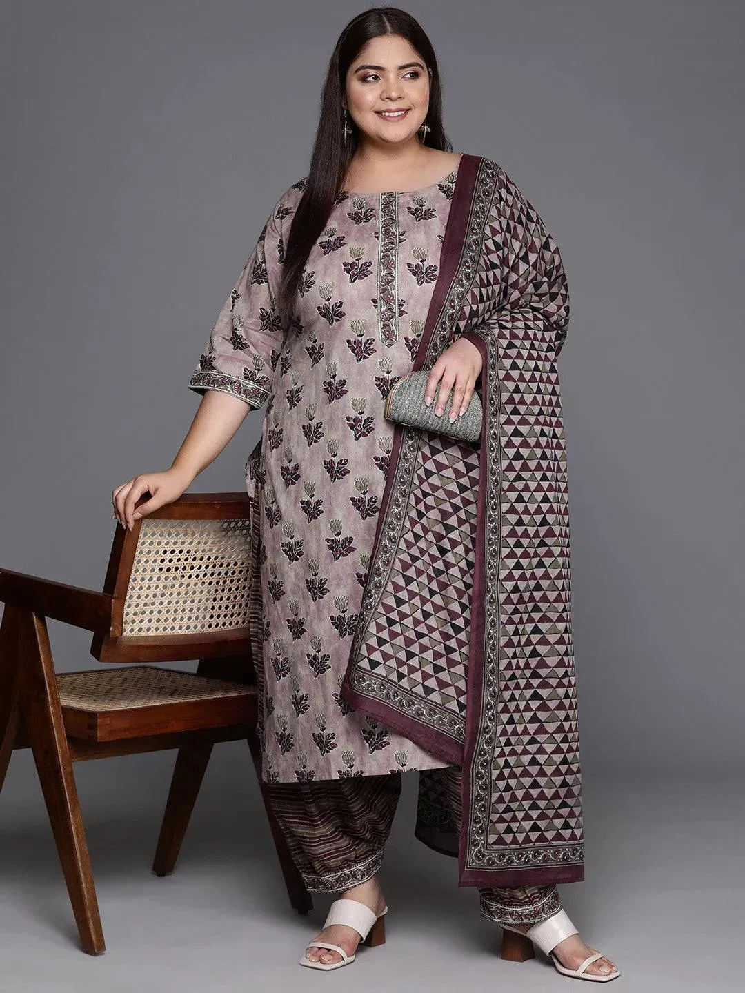 Plus Size Pink Printed Cotton Straight Suit With Dupatta