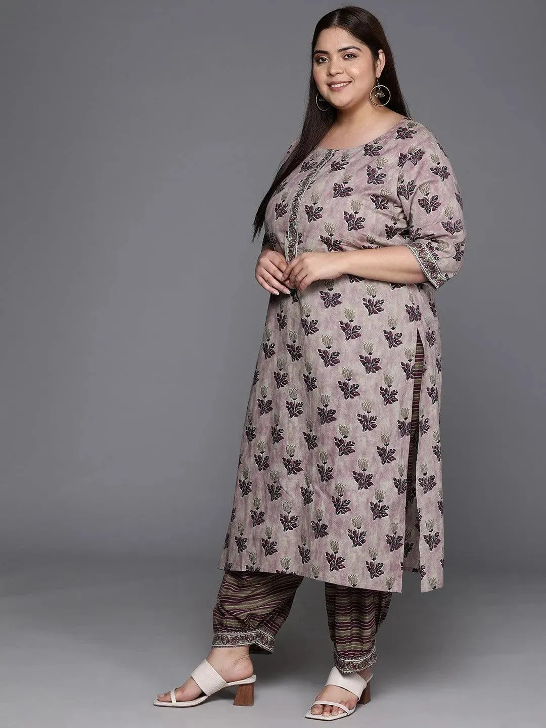 Plus Size Pink Printed Cotton Straight Suit With Dupatta