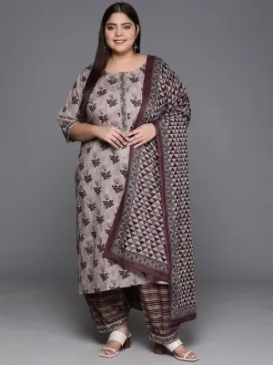 Plus Size Pink Printed Cotton Straight Suit With Dupatta