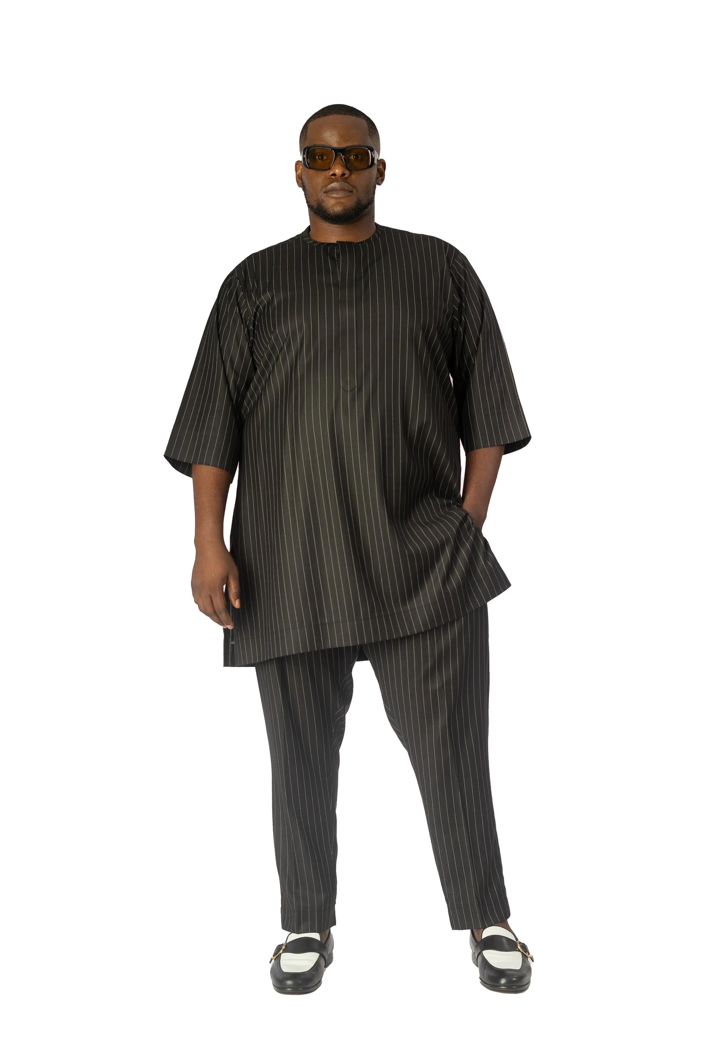 Standard Length Three Quarter Sleeve Wool Matching Set in Black Pinstripe