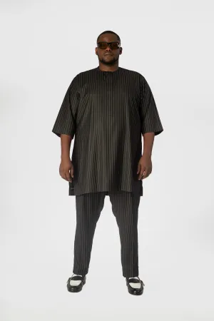 Standard Length Three Quarter Sleeve Wool Matching Set in Black Pinstripe