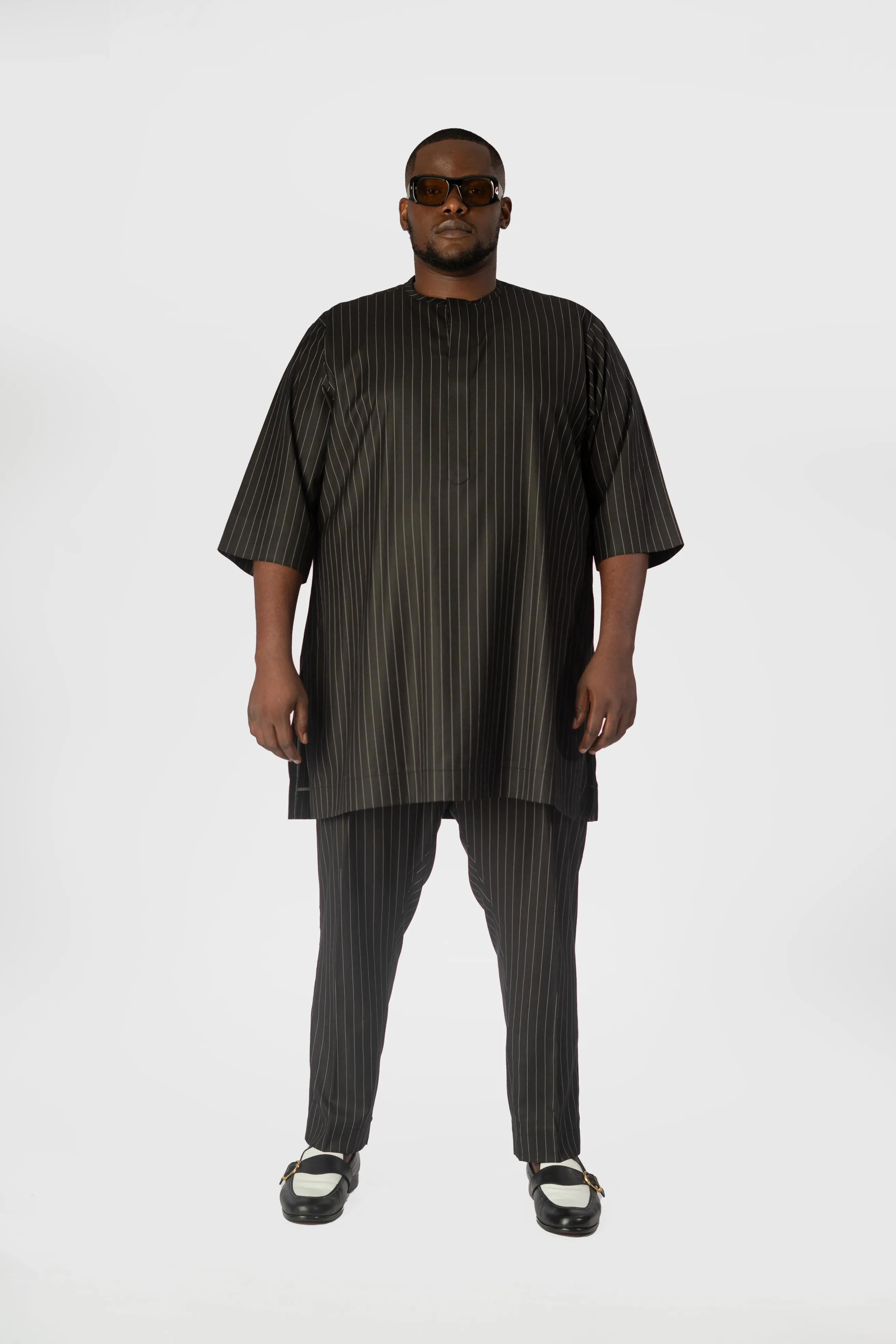 Standard Length Three Quarter Sleeve Wool Matching Set in Black Pinstripe