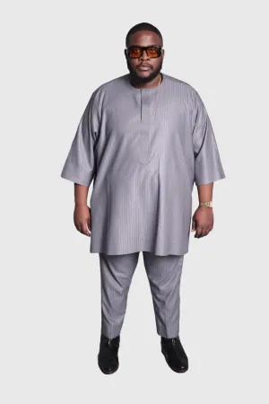 Standard Length Three Quarter Sleeve Wool Matching Set in Double Grey Pinstripe