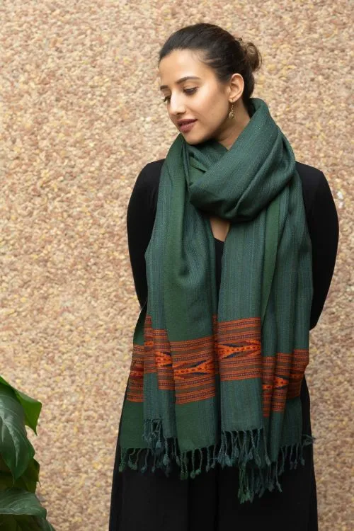 TICH Fine, Soft Himachal Plain Wool Shawl - Bottle Green