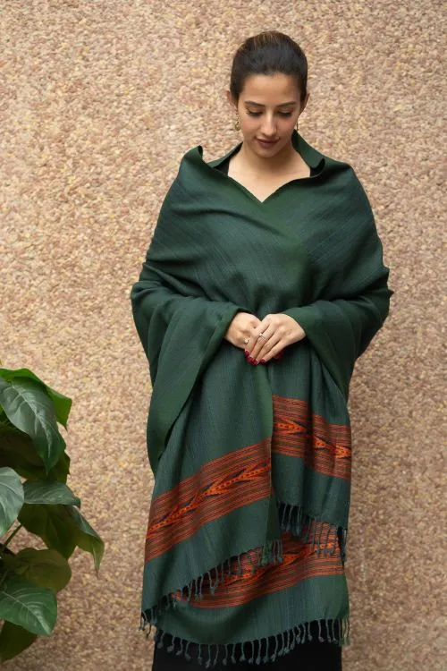 TICH Fine, Soft Himachal Plain Wool Shawl - Bottle Green