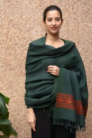 TICH Fine, Soft Himachal Plain Wool Shawl - Bottle Green