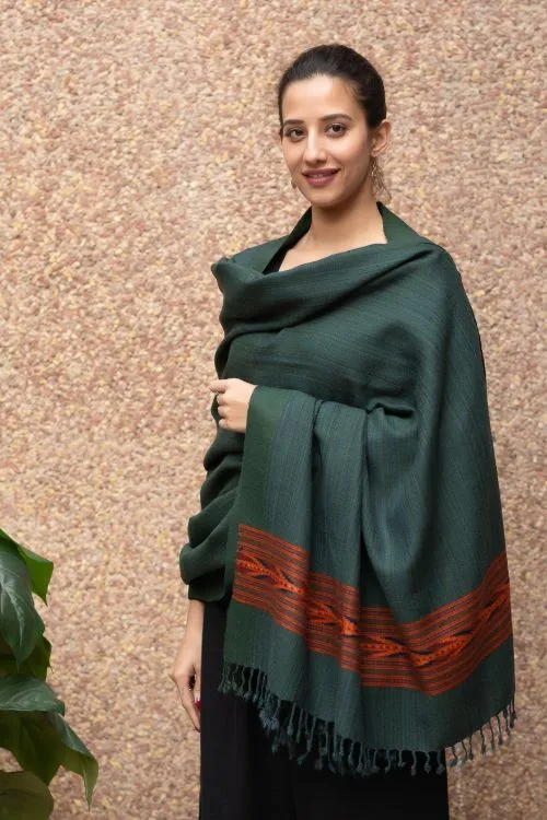 TICH Fine, Soft Himachal Plain Wool Shawl - Bottle Green