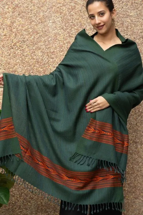 TICH Fine, Soft Himachal Plain Wool Shawl - Bottle Green