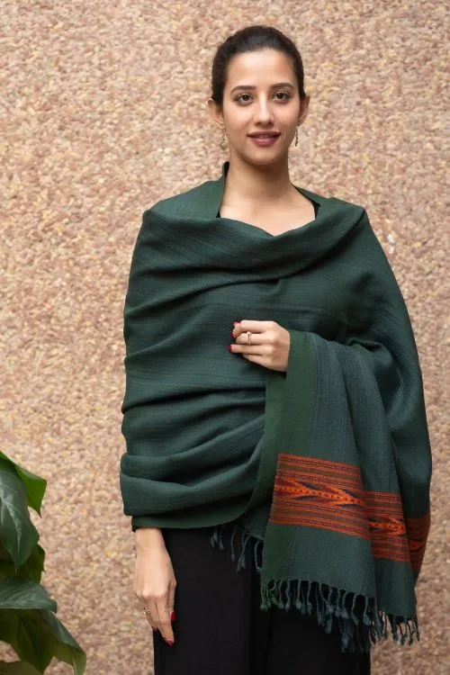 TICH Fine, Soft Himachal Plain Wool Shawl - Bottle Green