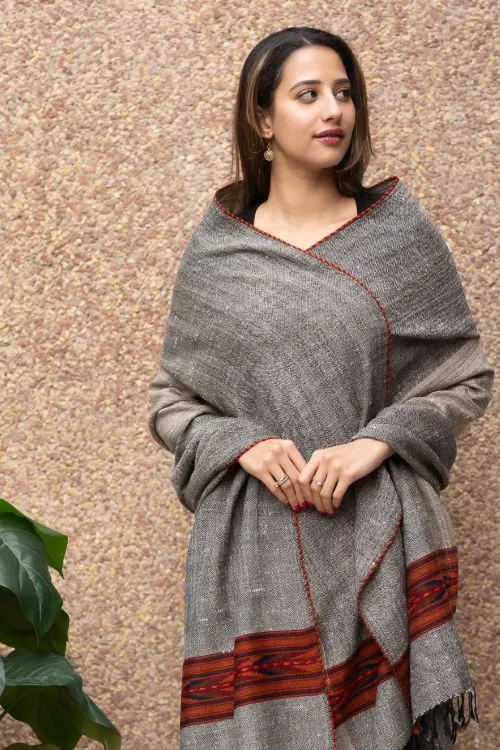 TICH Fine, Soft Himachal Wool Panel Shawl - Beige & Grey