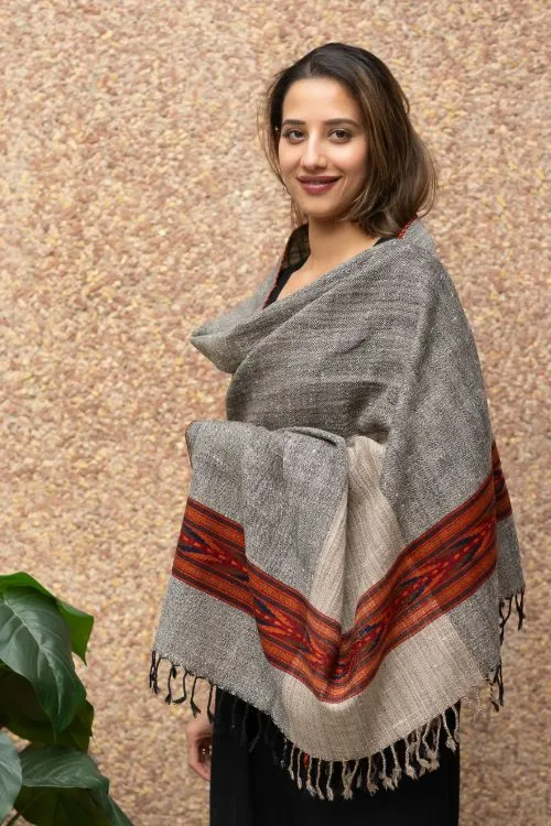 TICH Fine, Soft Himachal Wool Panel Shawl - Beige & Grey