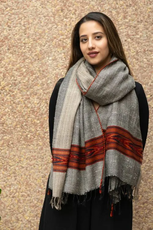 TICH Fine, Soft Himachal Wool Panel Shawl - Beige & Grey