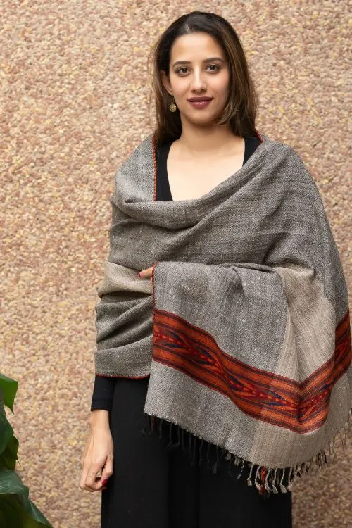 TICH Fine, Soft Himachal Wool Panel Shawl - Beige & Grey