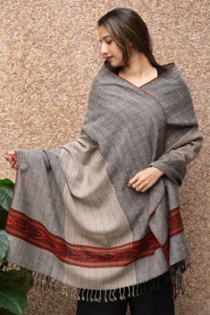 TICH Fine, Soft Himachal Wool Panel Shawl - Beige & Grey