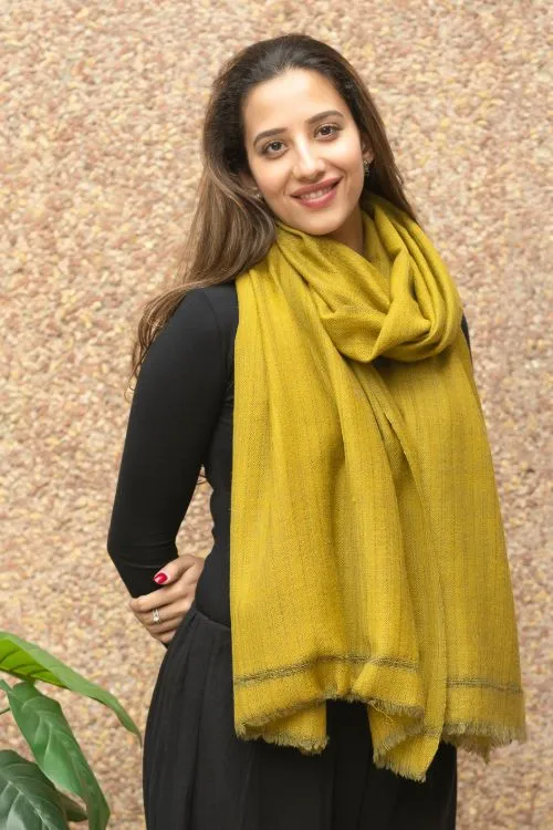 TICH Fine, Soft Himachal Wool Self Striped Plain Stole - Lime Green