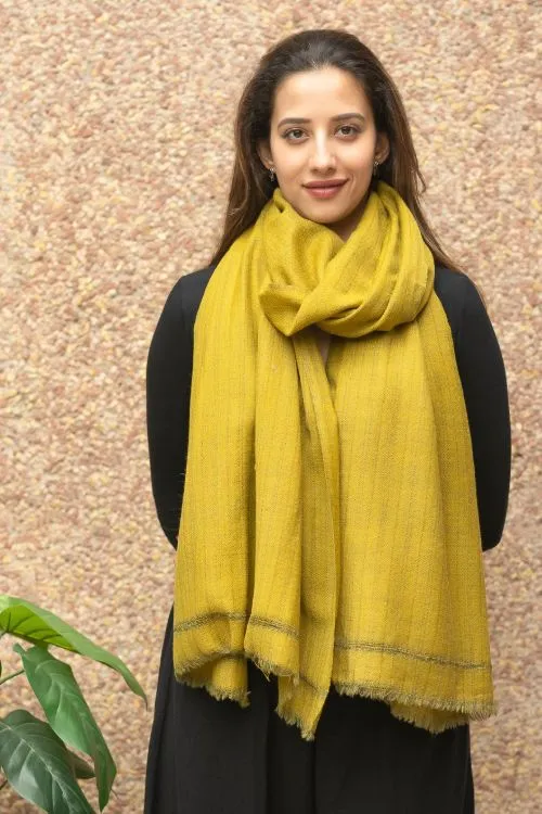 TICH Fine, Soft Himachal Wool Self Striped Plain Stole - Lime Green