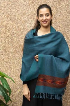 TICH Fine, Soft Himachal Wool Self Striped Stole - Peacock Blue