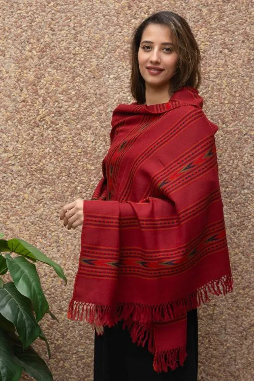 TICH Fine, Soft Himachal Wool Stole - 6 Panels, Warm Red