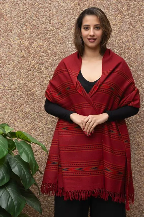 TICH Fine, Soft Himachal Wool Stole - 6 Panels, Warm Red