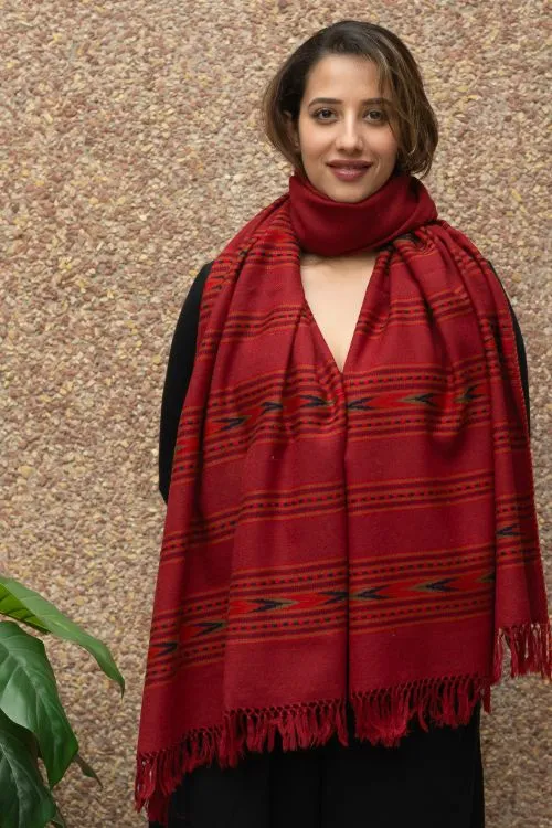 TICH Fine, Soft Himachal Wool Stole - 6 Panels, Warm Red