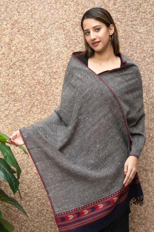 TICH Fine, Soft Himachal Wool Stole - Grey & Blue Arrows