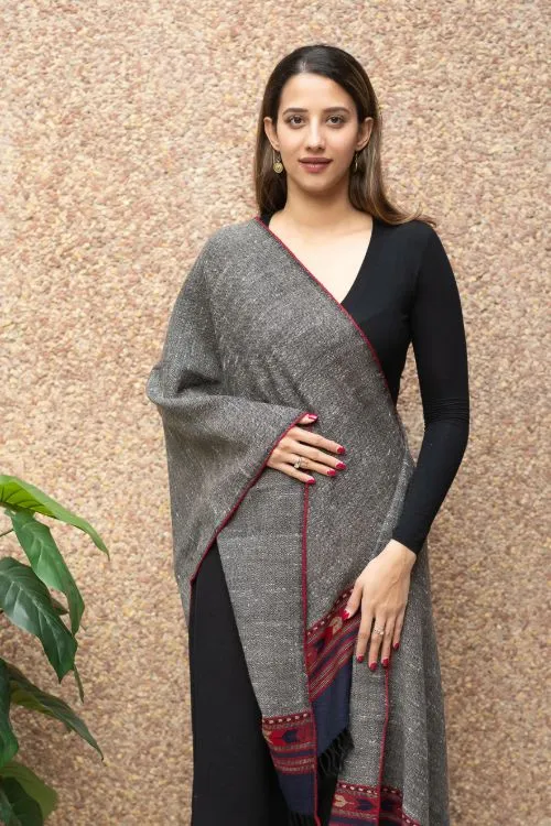 TICH Fine, Soft Himachal Wool Stole - Grey & Blue Arrows