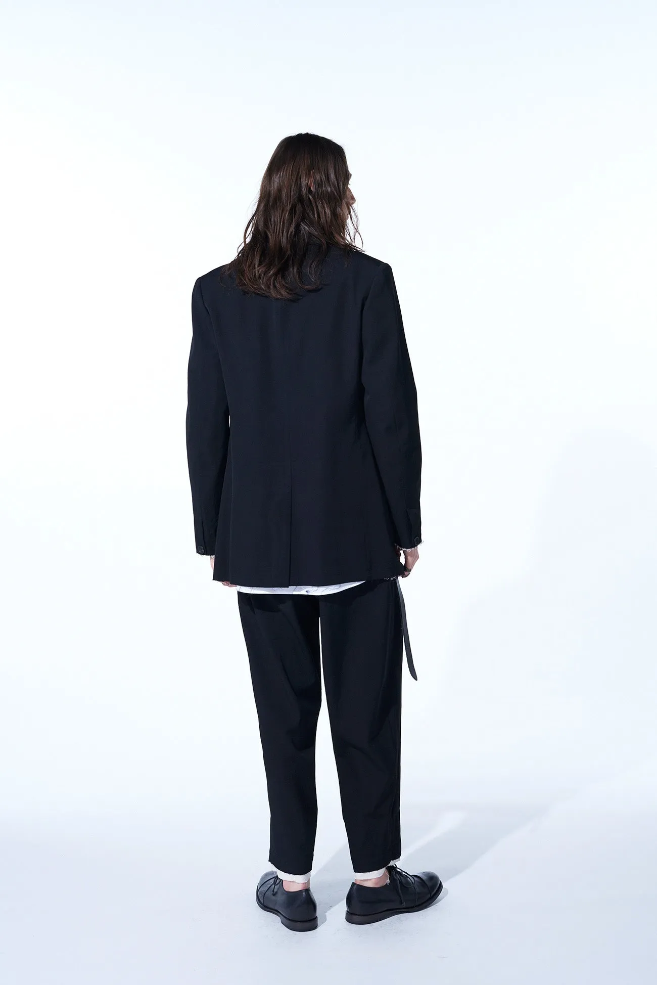 WASHER FINISHED WOOL GABARDINE 2-TUCK PANTS WITH CUT-OUT HEM DESIGN