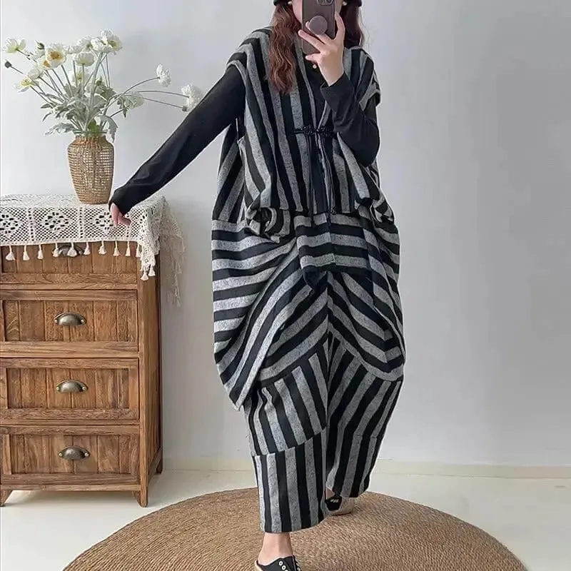women's set Chic Striped Woolen Vest with Harem Pants Set