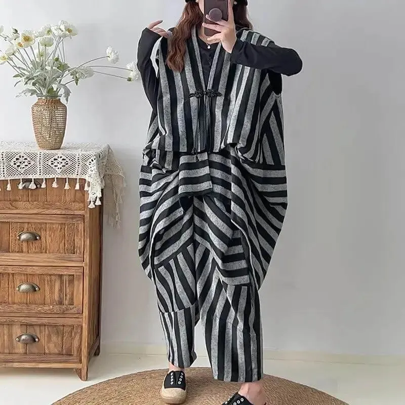 women's set Chic Striped Woolen Vest with Harem Pants Set