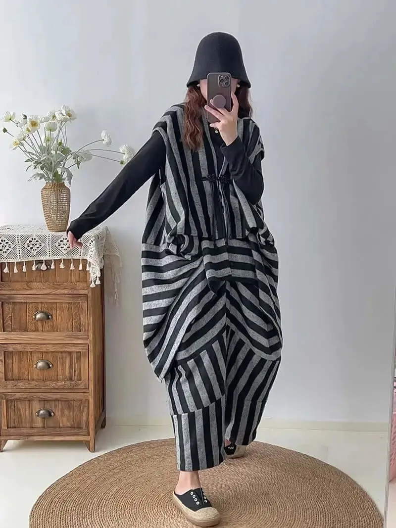 women's set Chic Striped Woolen Vest with Harem Pants Set