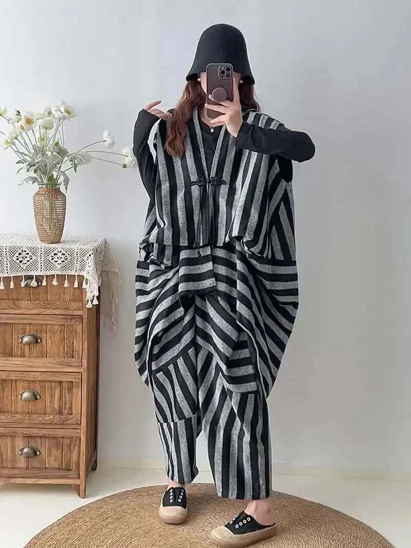 women's set Chic Striped Woolen Vest with Harem Pants Set