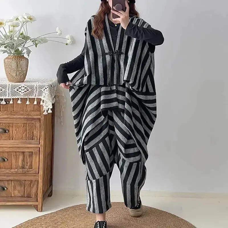 women's set Chic Striped Woolen Vest with Harem Pants Set